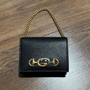 Gucci Horsebit Black Leather Chain Wallet Gold Chain Crossbody Wallet on Chain